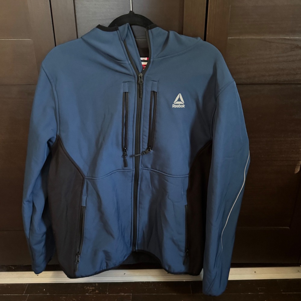 Reebok Mens Blue Softshell Hooded Full Zip Jacket Pockets Size L Good